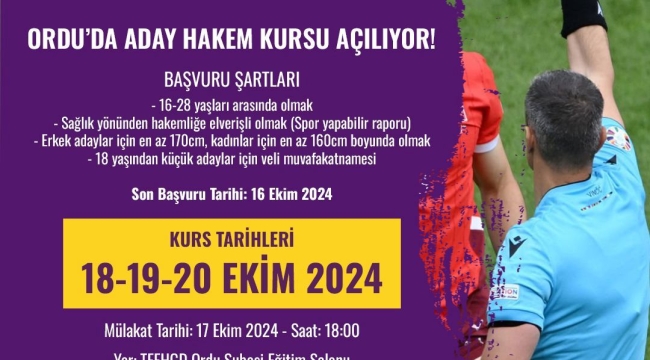 Ordu İl Hakem Kurulu Tarafından "Futbol Aday Hakem Kursu" Açılıyor