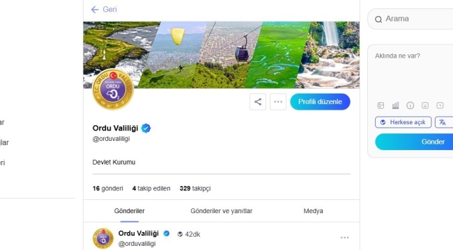 Ordu Valiliği NextSosyal'de 