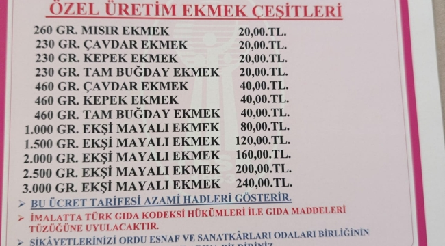 Ünye'de Ekmeğe Gramajlı Zam