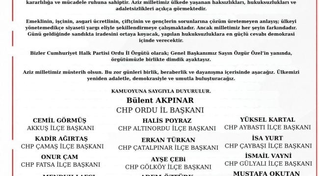 Ordu'dan Özgür Özel'e Tam Destek!
