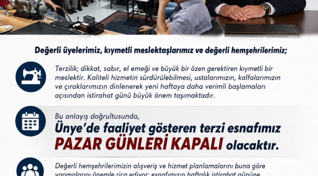 Ünye'de Terzi Esnafına Pazar Tatili Kararı